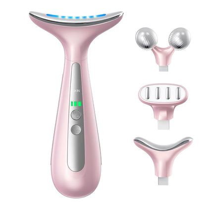 4-In-1 Multi-Area Beauty Care Device with Interchangeable Heads and Three Light Modes, Rechargeable Neck & Face Care Tool (Pastel Pink)