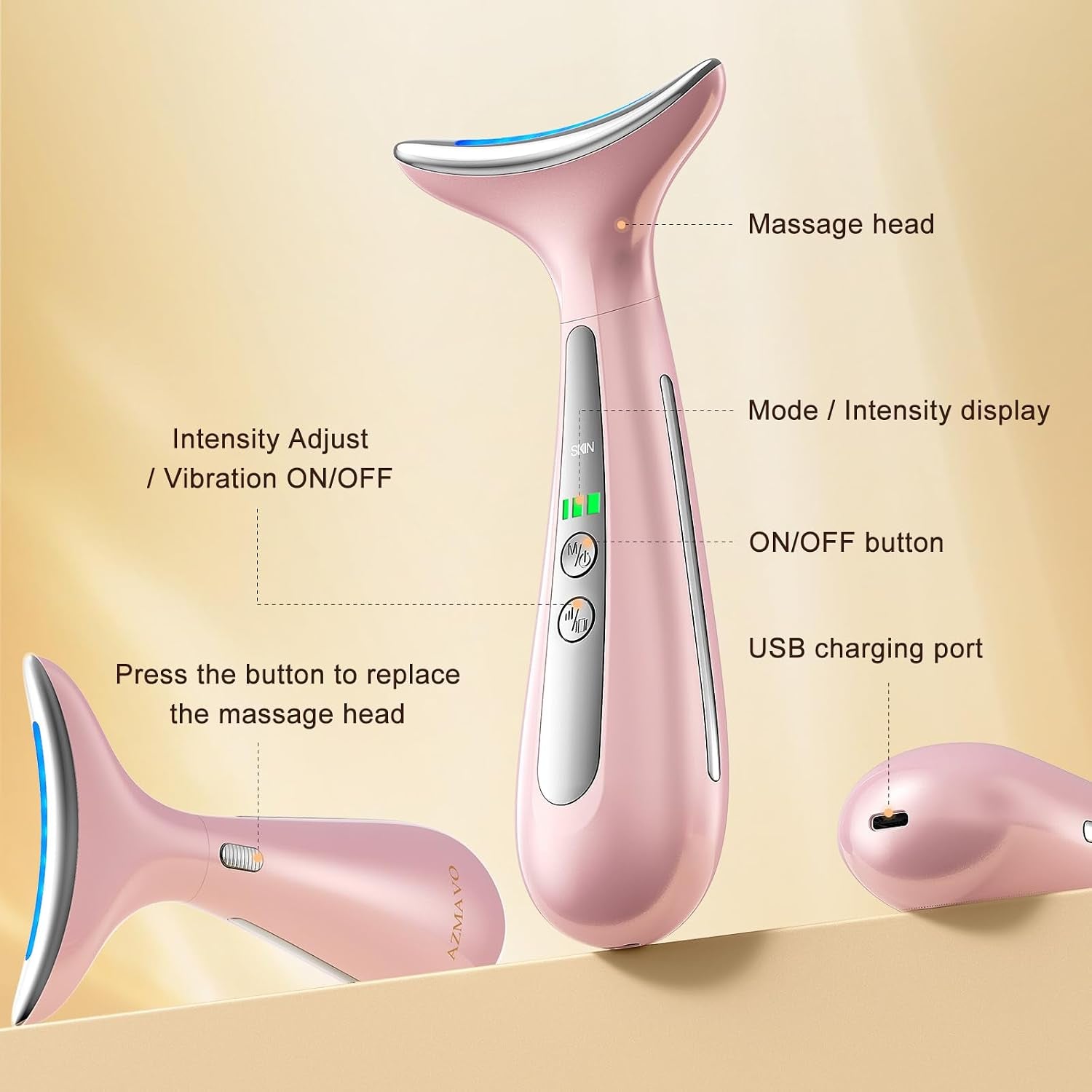 4-In-1 Multi-Area Beauty Care Device with Interchangeable Heads and Three Light Modes, Rechargeable Neck & Face Care Tool (Pastel Pink)