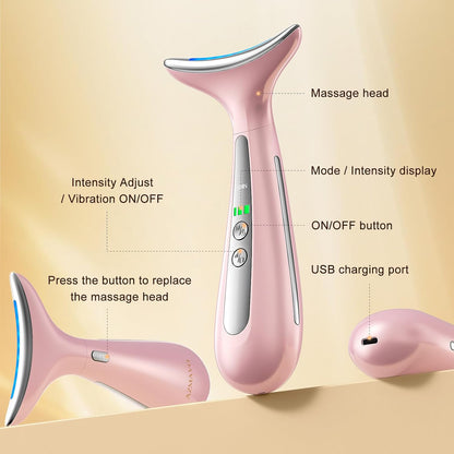 4-In-1 Multi-Area Beauty Care Device with Interchangeable Heads and Three Light Modes, Rechargeable Neck & Face Care Tool (Pastel Pink)