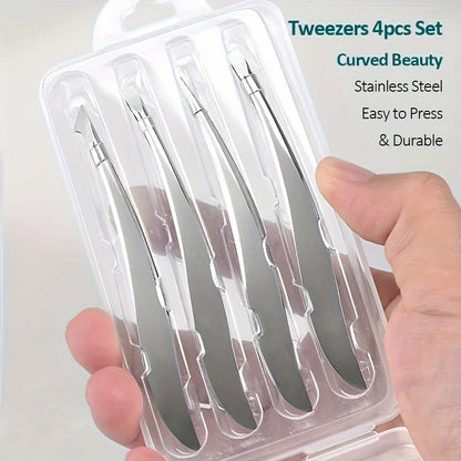 4Pcs Stainless Steel Tweezers Set, Eyebrow, Nose & Face Hair Removal Tools, Fragrance-Free, Beauty Care Accessories