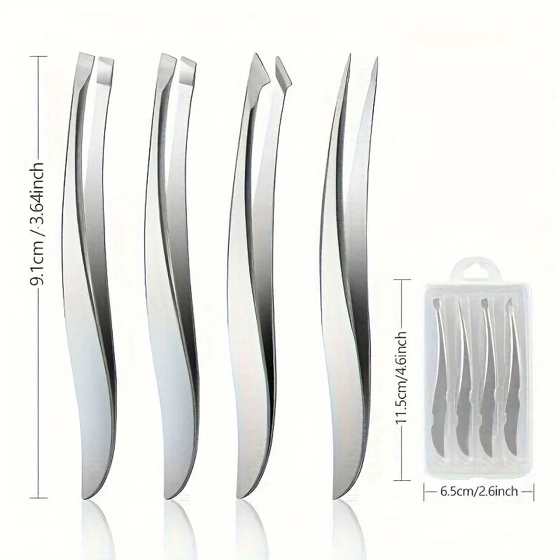 4Pcs Stainless Steel Tweezers Set, Eyebrow, Nose & Face Hair Removal Tools, Fragrance-Free, Beauty Care Accessories