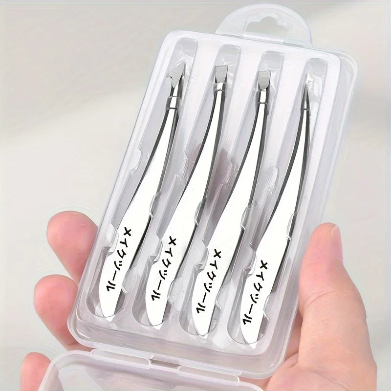 4Pcs Stainless Steel Tweezers Set, Eyebrow, Nose & Face Hair Removal Tools, Fragrance-Free, Beauty Care Accessories