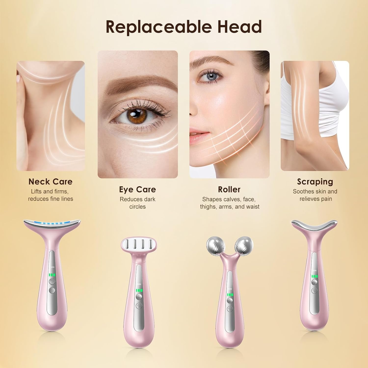 4-In-1 Multi-Area Beauty Care Device with Interchangeable Heads and Three Light Modes, Rechargeable Neck & Face Care Tool (Pastel Pink)