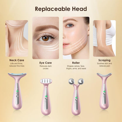 4-In-1 Multi-Area Beauty Care Device with Interchangeable Heads and Three Light Modes, Rechargeable Neck & Face Care Tool (Pastel Pink)