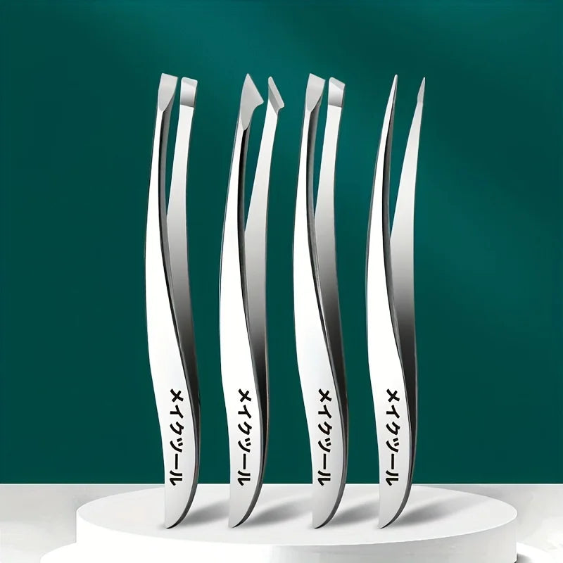 4Pcs Stainless Steel Tweezers Set, Eyebrow, Nose & Face Hair Removal Tools, Fragrance-Free, Beauty Care Accessories