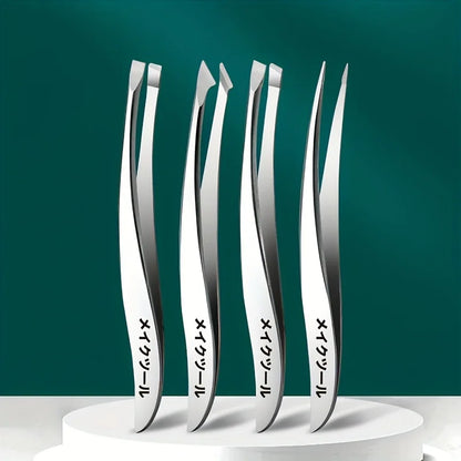 4Pcs Stainless Steel Tweezers Set, Eyebrow, Nose & Face Hair Removal Tools, Fragrance-Free, Beauty Care Accessories