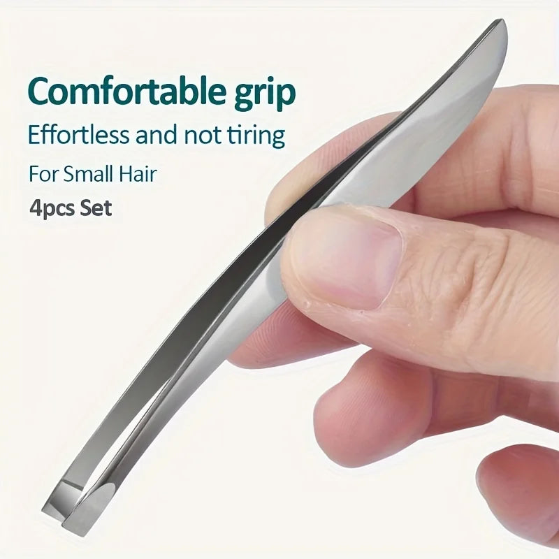 4Pcs Stainless Steel Tweezers Set, Eyebrow, Nose & Face Hair Removal Tools, Fragrance-Free, Beauty Care Accessories